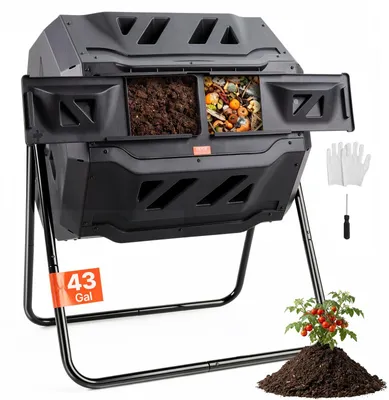 Immagine prodotto di VEVOR Compostiera Tumbler 162,7 L, compostiera a tamburo Compostiera rotante a doppia camera 735 x 625 x 955 mm, bidone per compost da giardino caricabile da 50 kg, guanti inclusi