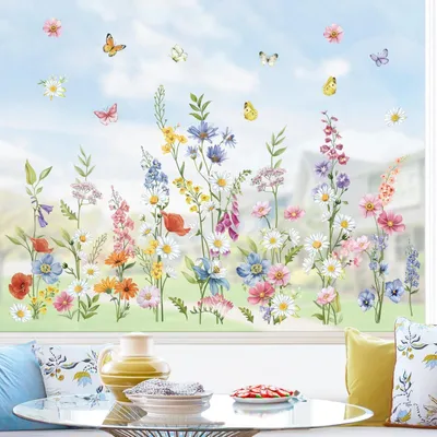 Image de Elzusha - Autocollants décoratifs pour fenêtres, motifs de fleurs printanières et de papillons