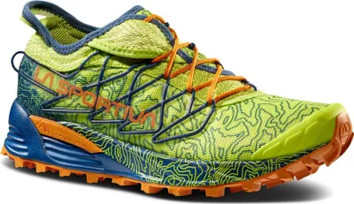 Trailrunning-Schuhe "Mutant" von La Sportiva in leuchtendem Gelb und Blau mit rutschfester Sohle.