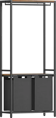 A product shot of a laundry hamper with a hanging rack and shelves.