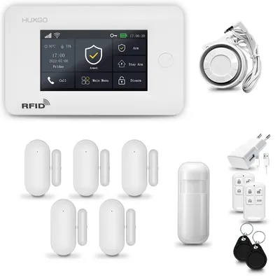 Produktbild von HUXGO HXA006 Alarmanlage Haus WiFi + GSM 4G mit Sirene, Alarm System mit 1x Bewegungssensor und 5x Tür- Fenstersensor, Alarmanlage für Wohnung, Garage