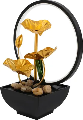 Produktbild von Lotusblatt Tischbrunnen - 3-Stufiger Wasserfall - LED-Ringlichter - Eisen - Deko-Steine - Für Wohnzimmer/Büro - Mehrfarbig