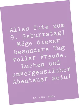 Produktbild von Mr. & Mrs. Panda Postkarte Spruch 8. Geburtstag Abenteuer - Lavendeltraum - Geschenk, Glückwünsche, Kind, Geburtstagsgruß, Ansichtskarte, Fotokarte, Ansichtskarten