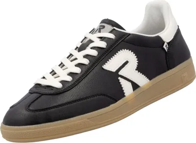 A black sneaker with white accents and a brown sole is shown against a white background.