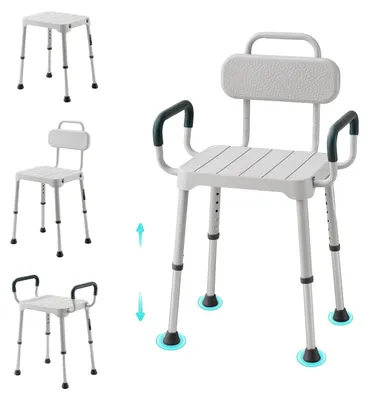 Image de Siège de douche VEVOR, capacité de 181,4 kg, siège de douche réglable en hauteur sur 6 niveaux, avec accoudoirs, structure en alliage d'aluminium, idéal pour la douche ou la baignoire. Convient aux personnes âgées, aux personnes handicapées et aux personnes blessées