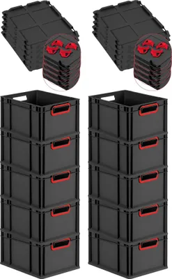 Produktbild von SparSet 10x Eurobox NextGen Color mit Auflagedeckel und Schiebeschnappverschlüsse | HxBxT 22x30x40cm | 20 Liter | Schwarz | Griffe rot offen | Eurobehälter, Transportbox, Transportbehälter, Stapelbehälter