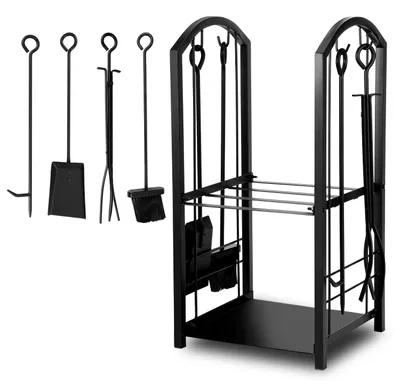 Produktbild von Ikodm Kaminholzregal Brennholzregal mit 4-teiligem Kaminbesteck, Doppelstock-Metallständer, 37 x 33 x 74 cm, mit Besen, Zange, Haken und Schaufel