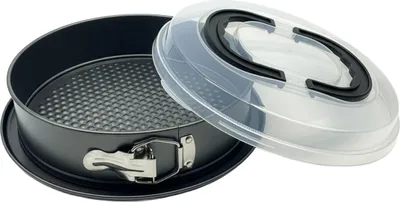 Image de Moule à charnière Relaxdays, couvercle avec poignée, Ø 26 cm, acier au carbone, revêtement antiadhésif, moule à gâteau, anthracite/transparent