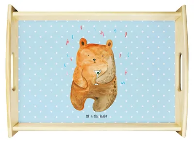 Produktbild von Mr. & Mrs. Panda Tablett Bär Party - Blau Pastell - Geschenk, Geburtstagsgeschenk, zum servieren, betttablett, Teddy, Lustig, Servier, Feiern, holz serviertablett