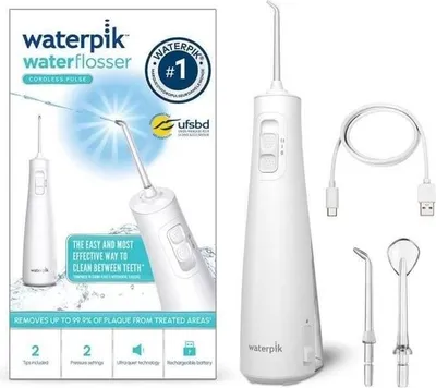 Obrázok produktu pre Waterpik Pulse ústna sprcha, bezdrôtová, dobíjateľná, technológia PRECISIONPULSE, čistič jazyka, odstraňuje zubný povlak, biela