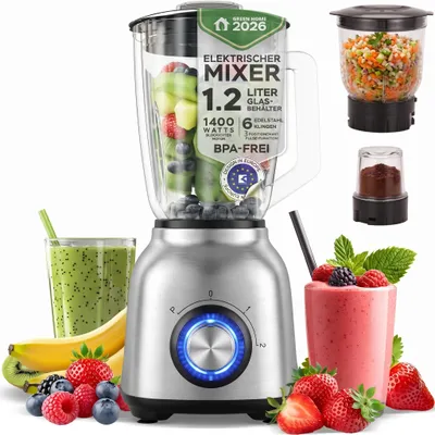 Immagine prodotto di Frullatore multifunzione da 1400W, set 3-in-1 con contenitore in vetro da 1,2L. Include un accessorio per tritare la carne e un misurino. 8 lame in acciaio inossidabile. Colore: argento