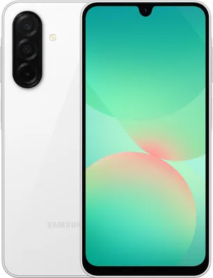 A white Samsung Galaxy A26 5G smartphone is shown from the back and front.
