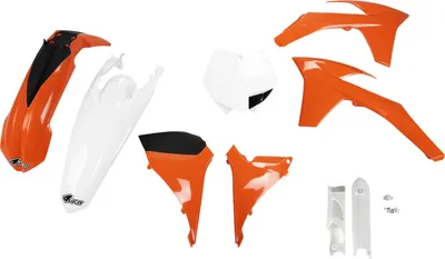 Produktbild von Verkleidungskit UFO PLAST 9-teilig Verkleidungssatz Kunststoff mit Gabelschutz für KTM SX SX-F 125 - 450 ccm Bj. 2011 - 2012, Farbe:orange / weiß / schwarz