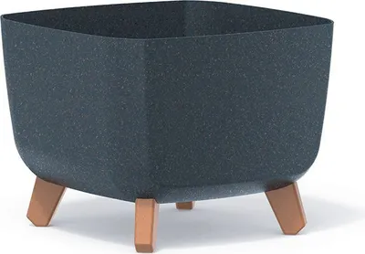 A dark gray planter with a speckled texture and four brown legs is shown against a white background.