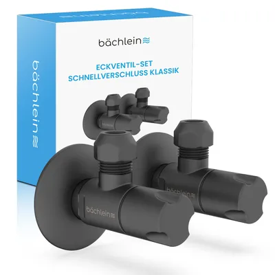 A product shot of two black angle valves with a box in the background.