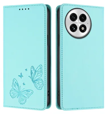 Produktbild von Lederhülle für OnePlus 13, Schmetterling Prägung Leder Brieftasche Schutzhülle mit Ständer Türkis