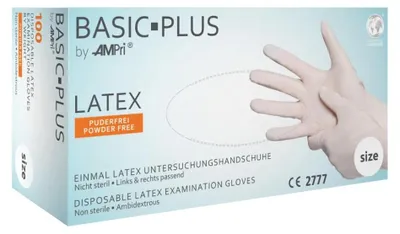Produktbild von 10x BASIC-PLUS, Latex-Untersuchungshandschuh, puderfrei, weiß, Gr. S | Box (100 Stück)