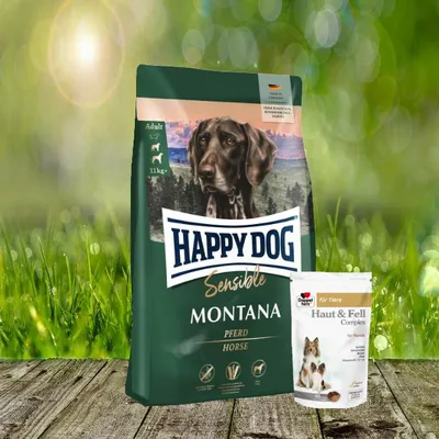 Produktbild von Happy Dog Supreme Montana 10 kg + Doppelherz Haut & Fell Complex 60 Chews