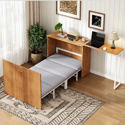 Immagine prodotto di Letto pieghevole 90x200 cm con materasso, letto pieghevole con scrivania girevole e ruote, letto a scomparsa in metallo e legno per piccoli spazi