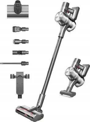 A cordless vacuum cleaner and its accessories are displayed against a white background.
