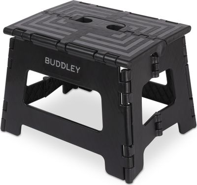 BUDDLEY Tritthocker klappbar – 23 cm hoher Tritt mit Anti-Rutsch-Design - Tragfähigkeit bis 99 kg - ideal für Küche, Bad, Garage & Camping (Schwarz/M)