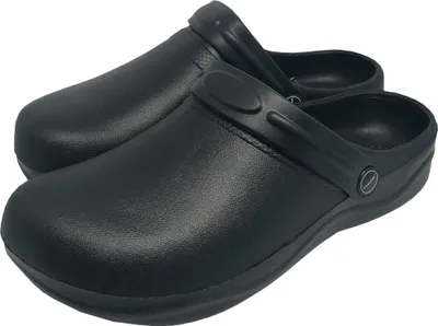 A pair of black clogs on a white background.