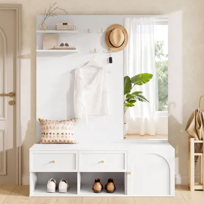 Produktbild von Merax Garderobenset, Wandgarderobe mit Spiegel, Sitzbank, 5 Haken, Schubladen und Schuhablage, Garderobenständer, Flurmöbel mit Stauraum, Weiß