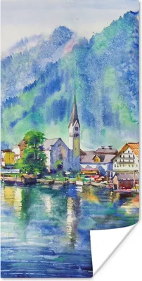 Produktbild von MuchoWow® Poster Gemälde - Ölfarbe - Haus - Berge - Wasser 80x160 cm - Kinderzimmer