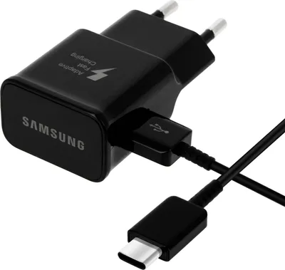A black Samsung fast charging adapter with a USB-C cable attached, shown against a white background.