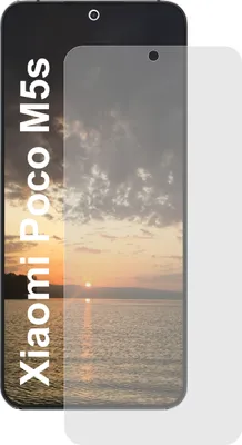 A screen protector is shown on a smartphone displaying a sunset over water.
