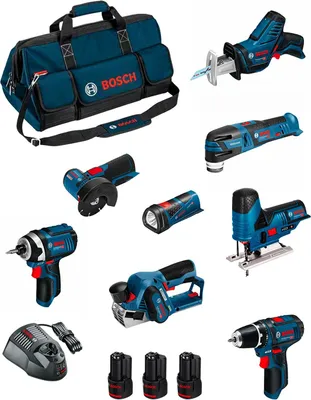 Produktbild von BOSCH Kit BMKB8-28DD3 (GSR12V-15+GDR12V-105+GWS12V-76+GST12V-70+GOP12V-28+GSA12V-14+GLI12V-80+GHO12V-20+3x2,0Ah+GAL1230CV+HDBAG)