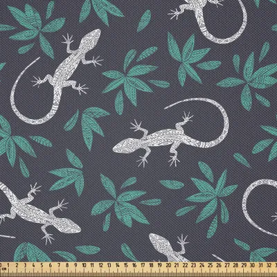 Image de ABAKUHAUS Tissu satiné Gecko vendu au mètre, reptiles dessinés à la main avec motif bohème et motif de feuilles, 2 m (148 x 200 cm), bleu foncé, gris, blanc