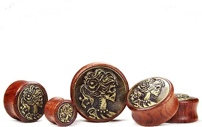 Produktbild von Flesh Tunnel Holz Totenkopf Frau Skelett Wood 12-30 mm Ear Plug Sattle Fit Double Flared Organic braun 28 mm