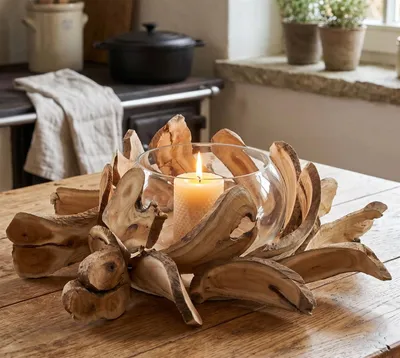 Produktbild von Dekokranz "Holzscheiben" mit Windlicht, Ø 45 cm groß, Tischkranz, Holzkranz mit Kerzenglas, Vase, Kerzenständer
