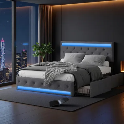 Produktbild von ProximaX Polsterbett 140x200cm mit Ladefunktion, LED und höhenverstellbarem Kopfteil, Doppelbett mit Lattenrost und 4 Schubladen, Stauraumbett Leinen, Grau