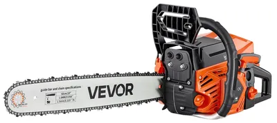 Imagen del producto de Motosierra a gasolina VEVOR, modelos 508 y 558,8 mm, 62cc, 2,7kW, motor de 2 tiempos, ideal para cortar madera, podar árboles y despejar terrenos. Cuenta con un carburador sincronizado, un mango antideslizante y dos depósitos