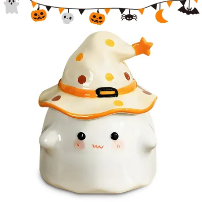 Halloween Geisterbecher mit Hexenhutdeckel, 400 ml, Keramik