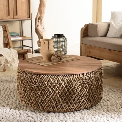 Image de SIXTINE - Table basse ronde diam85 rotin plateau bois de teck recyclé
