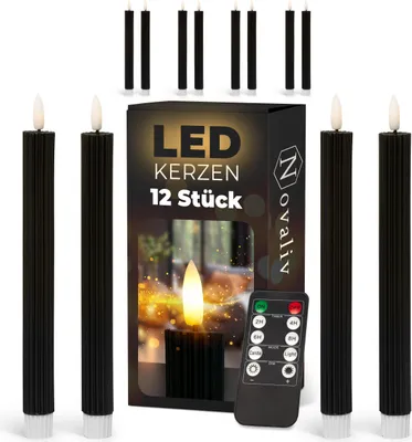 Produktbild von Stabkerzen LED mit Timer SCHWARZ 12 Stück indoor 6 Stunden ECHTWACHS gerippt 23cm Höhe für Kerzen 2,2cm Durchmesser 2 AAA Batterien notwendig LED Stabkerzen 2er Set (drei Mal) bewegliche Flamme