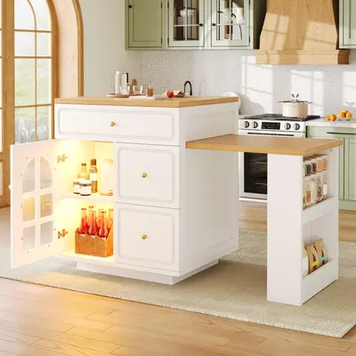 Obrázek produktu pro MODFU kuchyňský ostrůvek bílý s výsuvnou deskou, 122,5–195,5 cm, barový stůl s LED a zásuvkami, kuchyňský stůl se skleněnou vitrínou a skrytými prostory