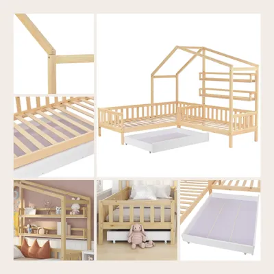 Produktbild von Hausbett, Kinderbett mit Schubladen und Regalen,Zwei Betten( 200x90cm/140x70cm ), Eck-L-förmiges Bett Design, Massivholzrahmen, Lattenrost, Natur