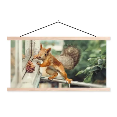 Produktbild von MuchoWow® Textilposter Eichhörnchen - Fenster - Herbst - Tannenzapfen 60x30 cm mit holzfarbenen Rahmen - Dekoration