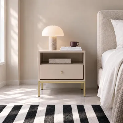 Produktbild von RAVIO Nachttisch Bari mit Schublade Nachtkonsole Schlafzimmerschrank Metallfüße (Beige + Goldene Beine)