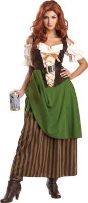 A woman in a medieval tavern wench costume holding a beer mug.