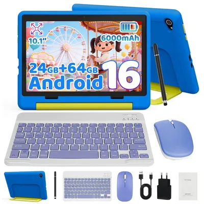 Produktbild von 10 Zoll Kinder Tablet Android 16, 24 GB(3+21)+64 GB, 5-Core, 6000 mAh, WiFi 6, Dual-Kamera, Bluetooth, mit Tastatur