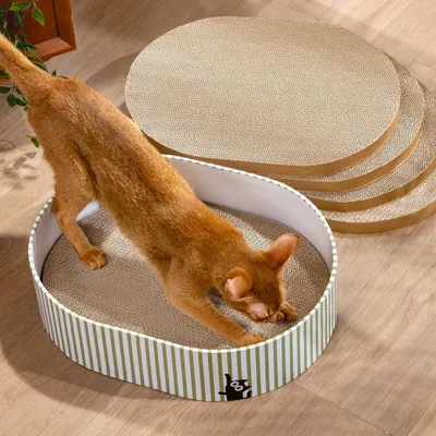 Productafbeelding van Krabbox voor katten - ovaal - 41 x 31 x 10 cm - met 4 omkeerbare krabkartons - krabbed