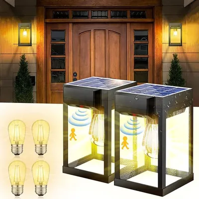 Productafbeelding van 2 zonnepanellampen voor buiten, met bewegingssensor, 3 modi, solar wandlamp voor buiten, IP65, veiligheidslamp voor tuin, terras, oprit (2 lampen)