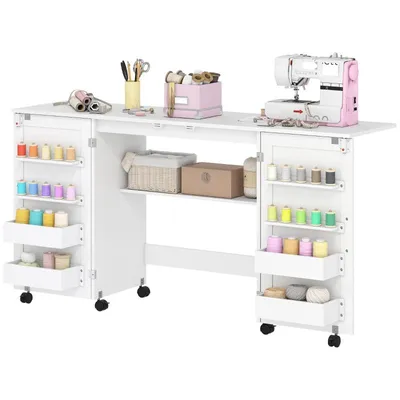 Produktbild von Nähschrank – Klappbarer Nähmaschinentisch – mit Rollen, Ablagen, Ablage und 20 Garnclips – Multifunktionale Werkbank – 160 × 40 × 81,5 cm – Weiß