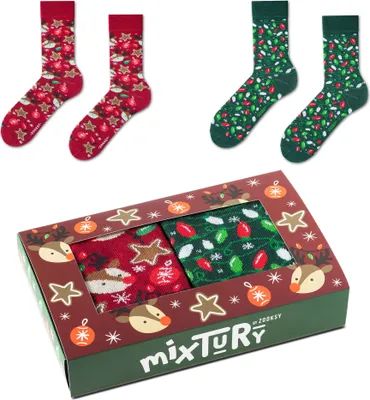 Produktbild von Set bunte Socken für Herren zu Weihnachten 41-46, 2 Paar lange Socken mit Rentier und Lichter