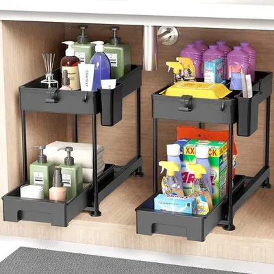 Produktbild von Famanu Badezimmer Organizer - 2-lagiger ausziehbarer Unterbauschrank, schwarz